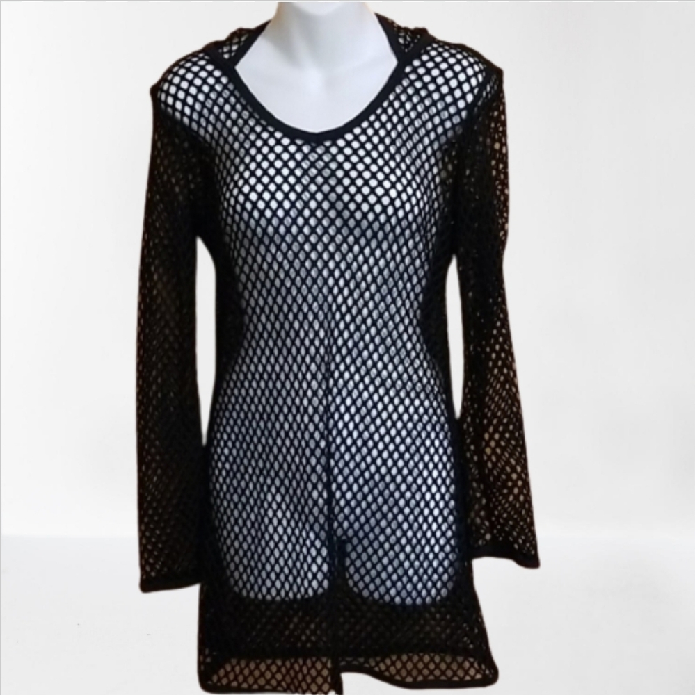NWT Marika Balance Collection Black Hooded Fishnet Swim Cover Up Dress Small